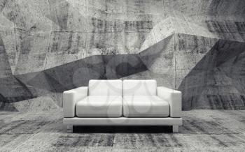 Abstract interior, concrete room with white leather sofa, 3d illustration