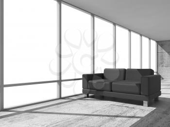 Abstract interior, office room with concrete floor, white window and black leather sofa, 3d illustration