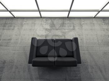 Abstract interior, concrete office room with window and black leather sofa, 3d illustration