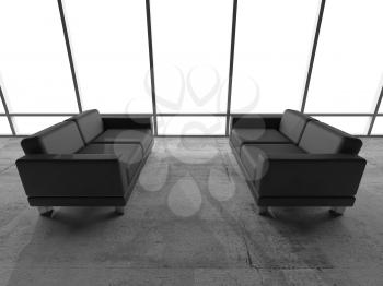 Abstract interior, office room with concrete floor. White window and two black leather sofas, 3d illustration