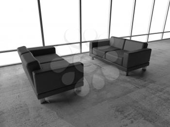 Abstract interior, office room with concrete floor, white window and two black leather sofas, 3d illustration
