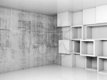 Abstract empty interior background with white cubes shelves and concrete wall, 3d illustration