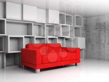 Abstract interior, room fragment with white cubic shelves decoration on the wall and red leather sofa, 3d illustration