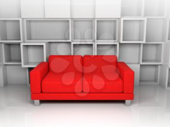 Abstract interior, room with white cubic shelves decoration on the wall and red leather sofa, 3d illustration