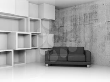 Abstract interior, concrete office room with white cubic relief decoration on the wall and black leather sofa, 3d illustration