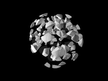 Abstract explosioon 3d object, cloud of spherical fragments isolated on black background