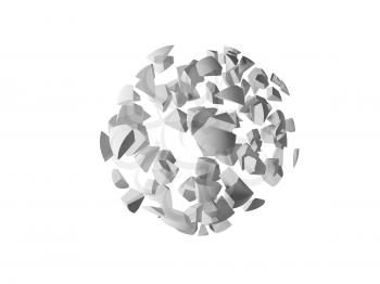 Abstract explosioon 3d object, cloud of spherical fragments isolated on white