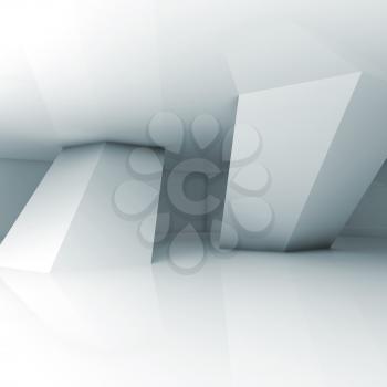 Abstract empty white room interior with inclined columns and blue shadows, digital 3d render illustration