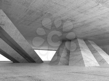 Abstract empty concrete interior with inclined columns and window, 3d render illustration