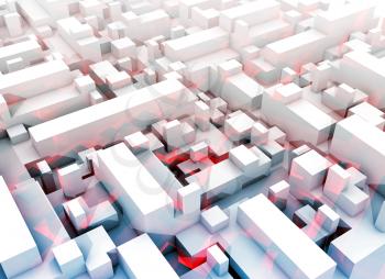 Abstract digital white 3d cityscape with soft light blue shadows and red pattern
