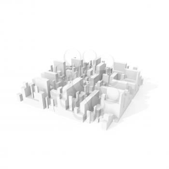 Abstract schematic 3d city block isolated on white background with soft shadow