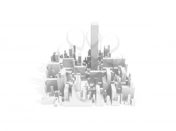 Abstract schematic white 3d cityscape quarter with one the highest skyscraper isolated on white