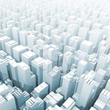 Abstract digital schematic cityscape with tall office buildings, blue toned square 3d illustration