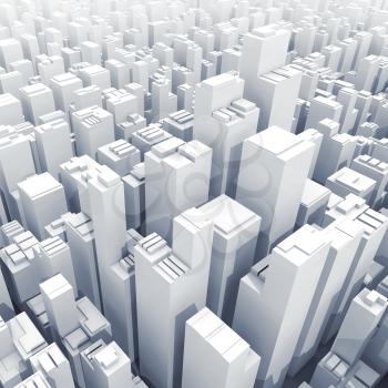 Abstract digital white schematic cityscape with tall office buildings, square 3d illustration