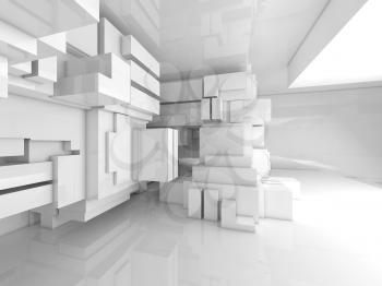 Abstract empty white room high-tech interior with chaotic cubes constructions, 3d illustration