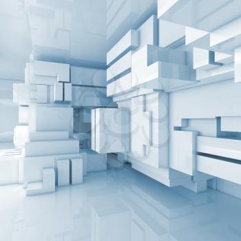 Abstract blue empty room, high-tech interior with chaotic cubes constructions, 3d illustration