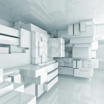 Abstract empty high-tech interior with chaotic cubes constructions, 3d illustration