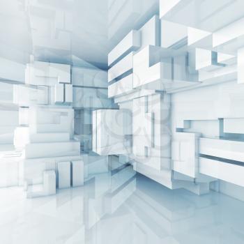 Abstract square white and blue high-tech background with chaotic cubes constructions, 3d illustration