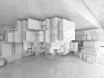 Abstract empty white high-tech interior with chaotic cubes constructions, 3d illustration