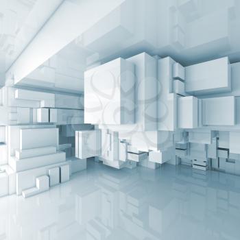 Abstract square high-tech interior background with chaotic cubes constructions, 3d illustration