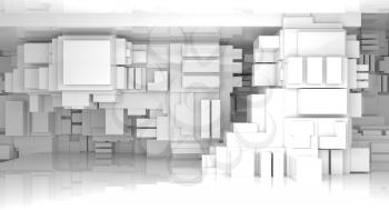 Abstract white empty high-tech interior background with cubes constructions, 3d illustration