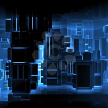 Abstract square black high-tech interior background with chaotic cubes constructions and neon lights, 3d illustration