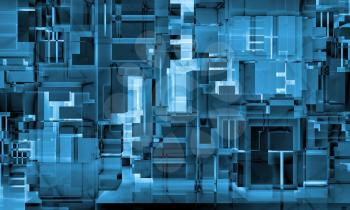 Abstract neon blue high-tech background texture with chaotic cubes constructions, 3d illustration