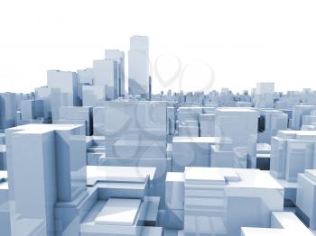 Abstract digital cityscape with blue tall skyscrapers and office buildings, 3d illustration isolated on white
