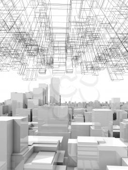 White digital cityscape with tall skyscrapers and abstract wire-frame structure in the sky, 3d illustration