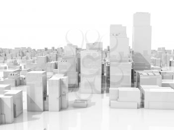 Abstract white 3d cityscape skyline with tall skyscrapers isolated on white background