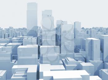 Abstract digital cityscape with tall skyscrapers and office buildings, blue toned 3d illustration