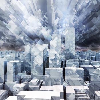 Abstract digital stormy cityscape, skyscrapers and chaotic cubic constructions in dark cloudy sky, 3d illustration