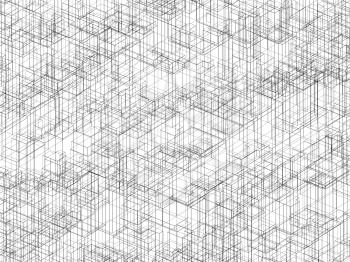 Digital 3d background texture with black wire frame lines, chaotic cubic structure over white background