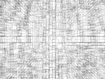 Digital background with chaotic cubic 3d structure, wire-frame lines on white background