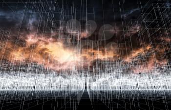 Digital 3d landscape background with chaotic cubic structure, white wire-frame lines over dark stormy sky background