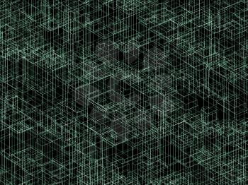 Digital background texture with green 3d wire frame lines, cubic structure over black background