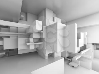 Abstract empty white room interior with chaotic cubes constructions, high-tech concept, 3d illustration