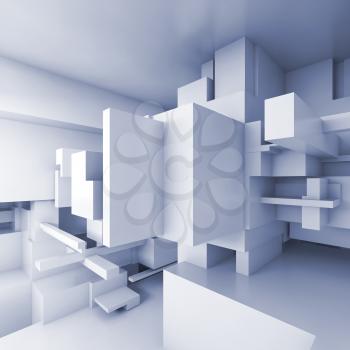 Abstract blue square high-tech interior background with chaotic cubes structures, 3d illustration