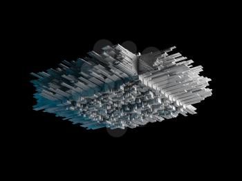 Abstract flying object with chaotic extruded surface isolated on black, 3d illustration