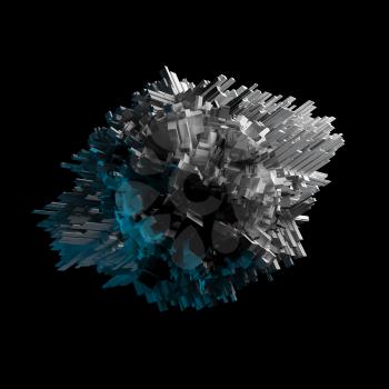 Abstract flying chaotic object with extruded surface isolated on black, 3d illustration