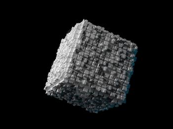 Abstract flying cube with chaotic extruded surface isolated on black, 3d illustration