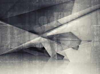 Abstract empty room interior with chaotic polygonal structure and concrete texture, 3d illustration, digital background 