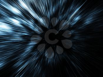 Abstract digital image with dark blue fast motion blur effect on black background