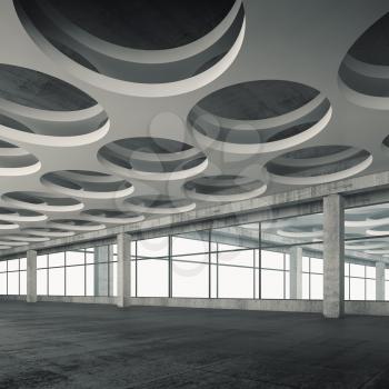 Empty concrete interior background with round holes ceiling pattern, 3d illustration