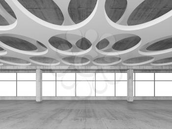 Empty concrete interior background with round holes pattern on white ceiling constructions, 3d illustration, frontal view