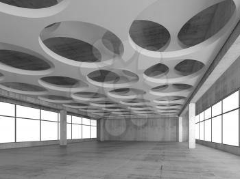 Empty concrete interior background with round holes pattern on white ceiling constructions, 3d illustration, perspective view