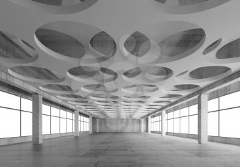 Empty concrete interior background with round holes pattern on white ceiling constructions, 3d illustration, frontal perspective view