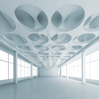 Empty white interior background with round holes pattern on ceiling, 3d illustration with blue tonal filter