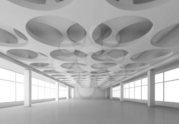 Empty white interior background with round holes pattern on ceiling, 3d illustration, frontal perspective view