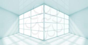Abstract white interior of an empty office room with windows corner. 3d render illustration